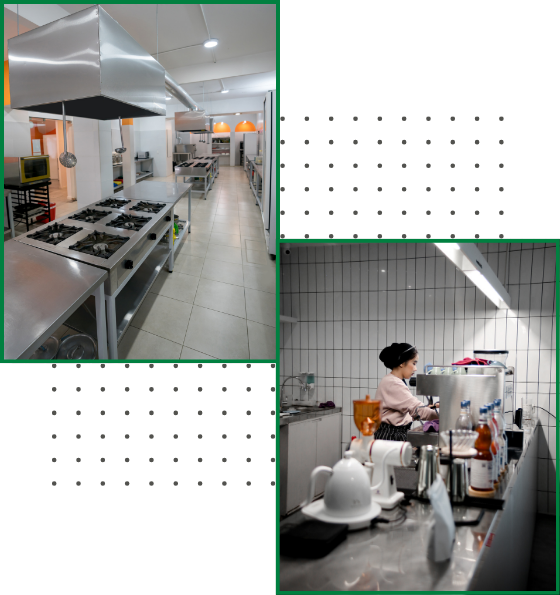 collage fotos de cafetera y cocina industrial decorada con puntos